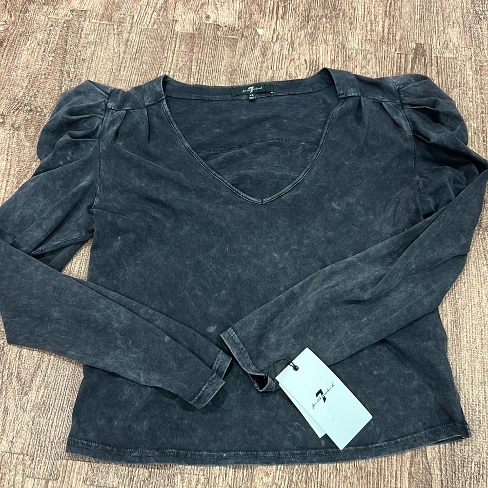 7 for all man kind Women’s Long‎ Sleeve Puff Shoulder Crop Top